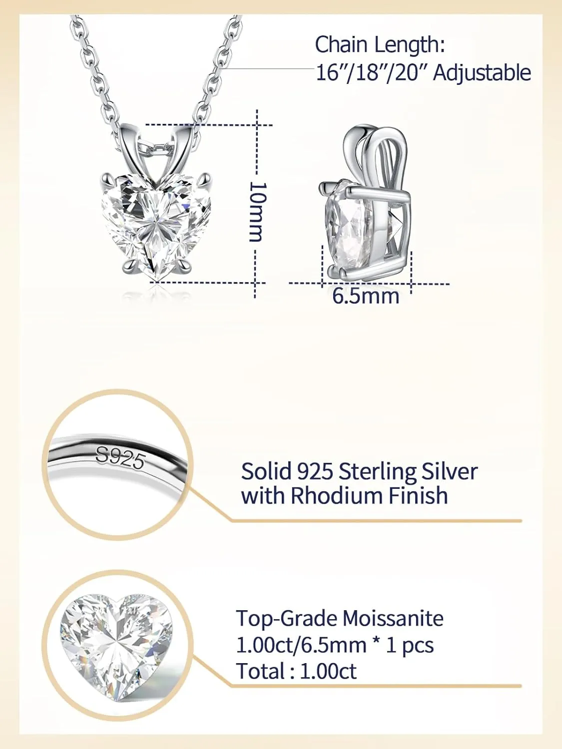 1-2 Carat Moissanite Cute Small Solitaire Necklace for Women, Round Cut/Heart Cut, Solid 925 Sterling Silver, 16"/18"/20" Adjustable Chain, Anniversary Mother's Day Valentines Gift