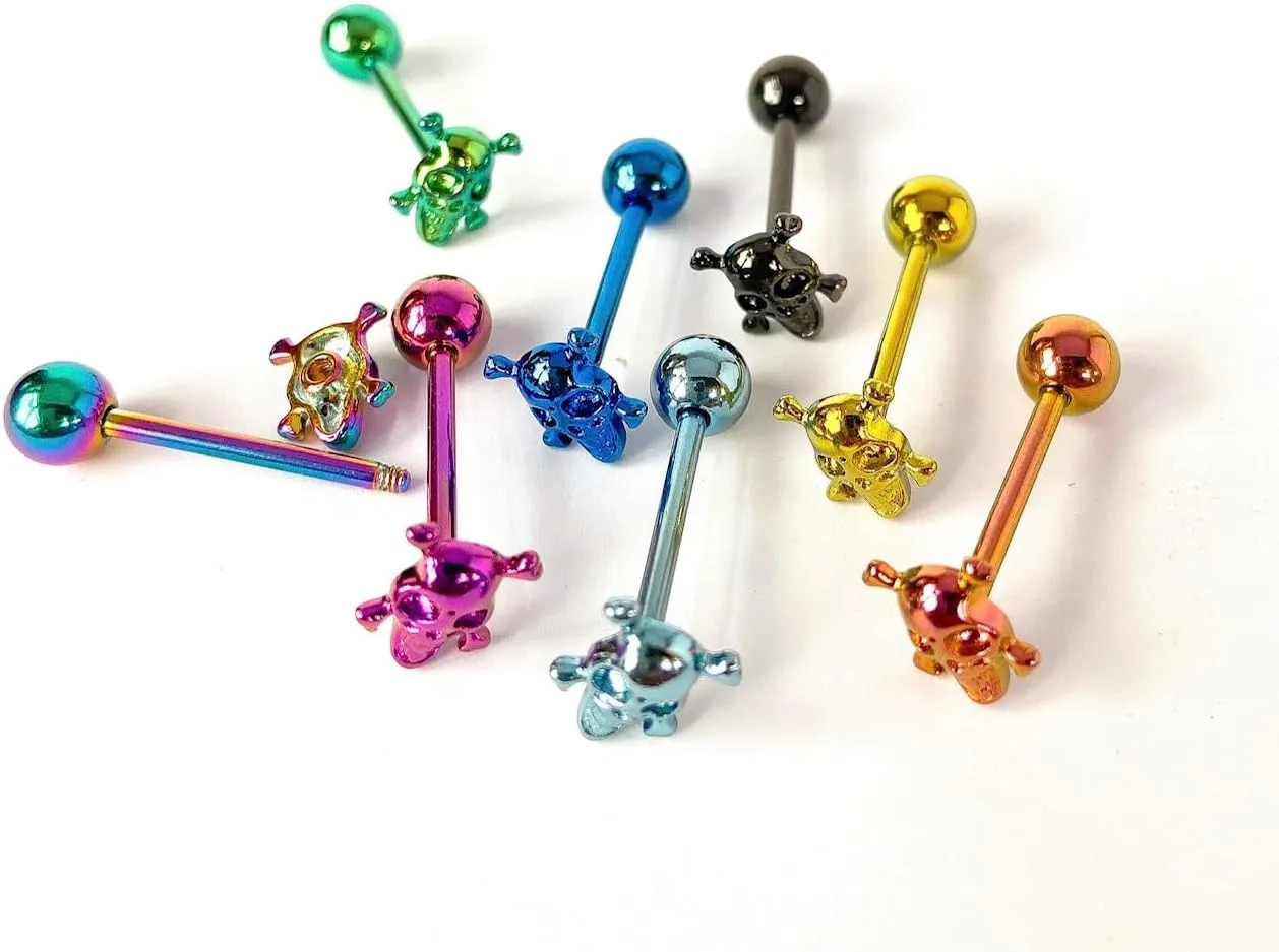1 Piece of Unique Titanium Anodized Skull & Crossbones Tongue Ring -14g - Body Jewelry