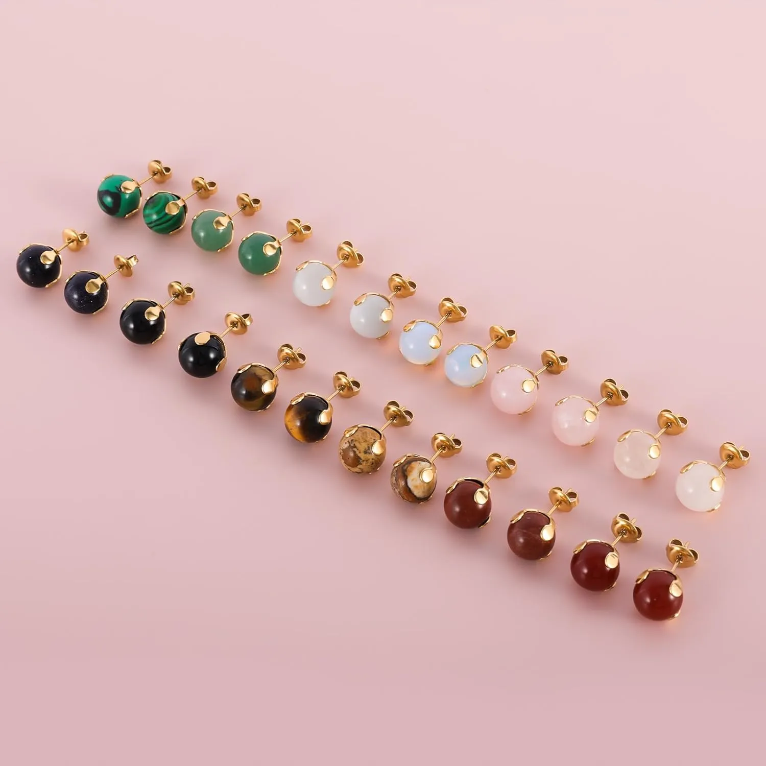 12 Pairs Multi Natural Gemstone Round Bead Ball Stud Earrings Gold Plated Stainless Steel Opal Tiger Eye Rose Quartz Onyx Stone Stud Earrings Set for Women