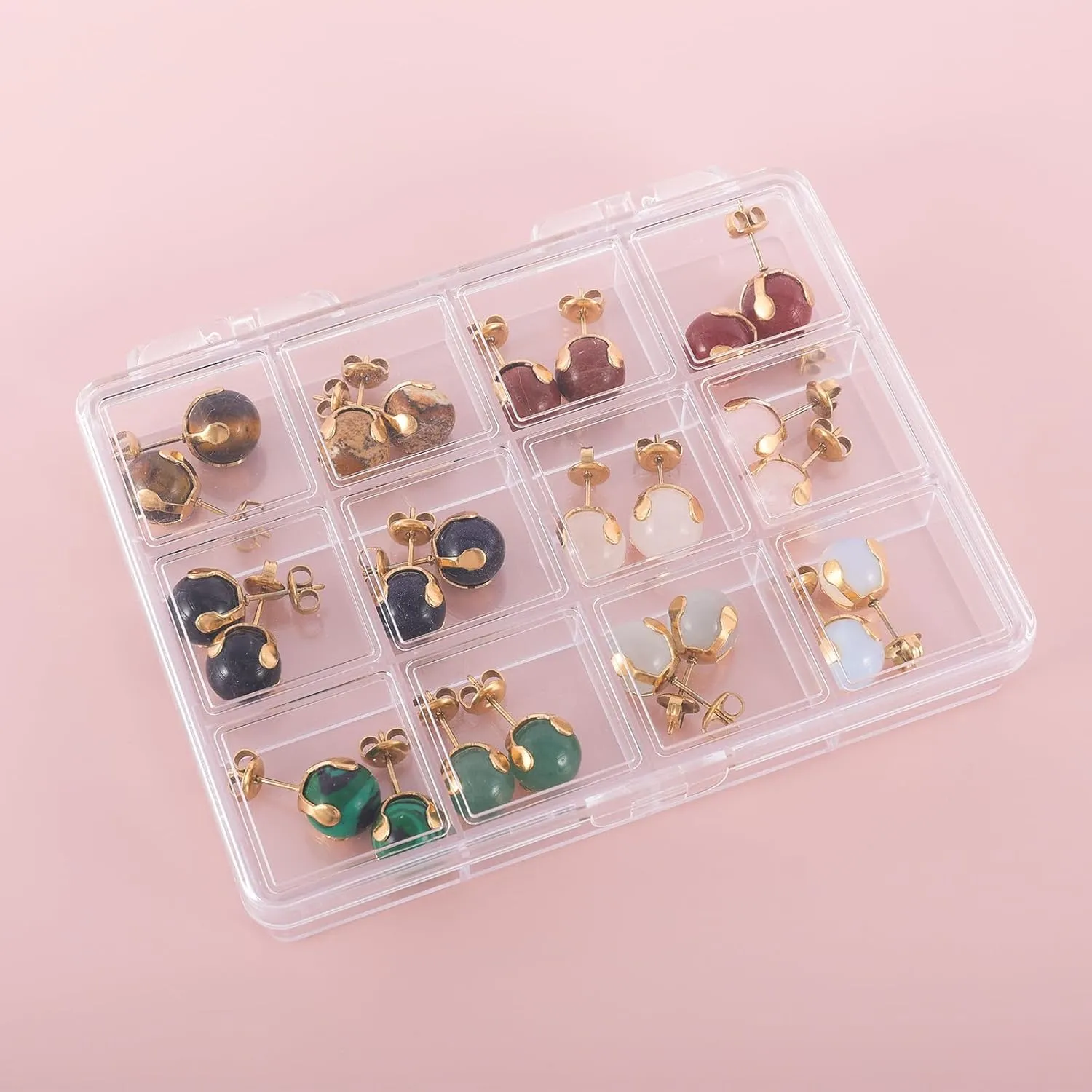 12 Pairs Multi Natural Gemstone Round Bead Ball Stud Earrings Gold Plated Stainless Steel Opal Tiger Eye Rose Quartz Onyx Stone Stud Earrings Set for Women