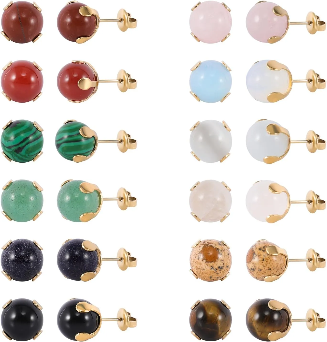 12 Pairs Multi Natural Gemstone Round Bead Ball Stud Earrings Gold Plated Stainless Steel Opal Tiger Eye Rose Quartz Onyx Stone Stud Earrings Set for Women