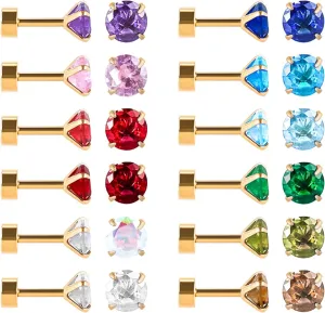 12 Pairs Surgical Stainless Steel Flat Back Stud Earrings,Screw Back Stud Earrings for Women, Gold Plated Silver Teardrop Square Cubic Zirconia CZ Birthstone Stud Earrings Set 3mm 4mm 5mm