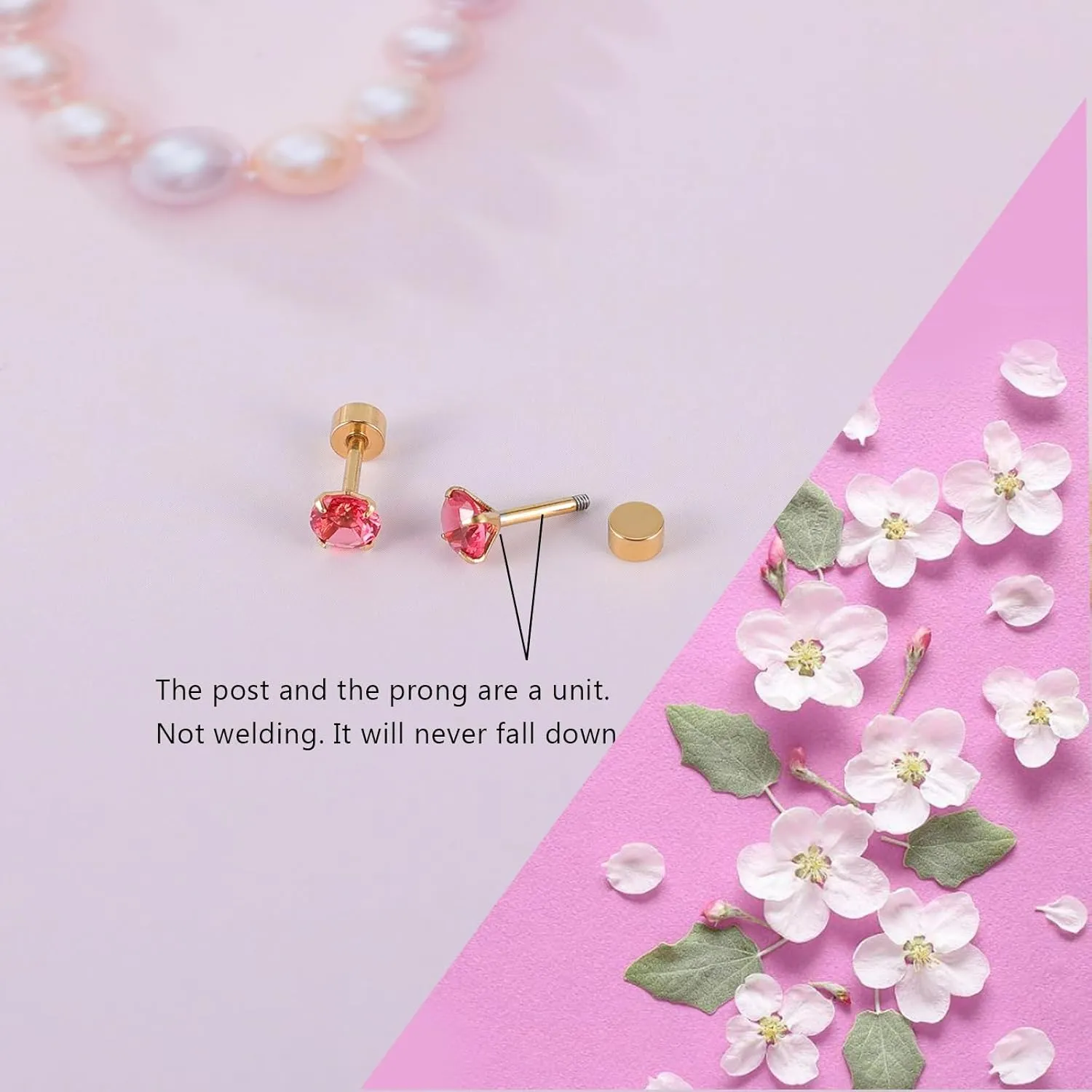 12 Pairs Surgical Stainless Steel Flat Back Stud Earrings,Screw Back Stud Earrings for Women, Gold Plated Silver Teardrop Square Cubic Zirconia CZ Birthstone Stud Earrings Set 3mm 4mm 5mm