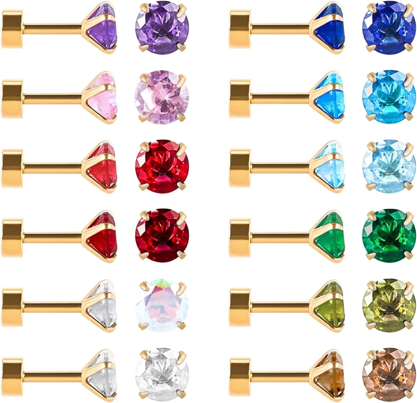 12 Pairs Surgical Stainless Steel Flat Back Stud Earrings,Screw Back Stud Earrings for Women, Gold Plated Silver Teardrop Square Cubic Zirconia CZ Birthstone Stud Earrings Set 3mm 4mm 5mm