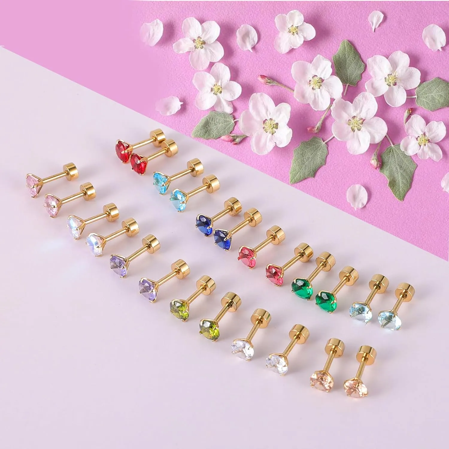 12 Pairs Surgical Stainless Steel Flat Back Stud Earrings,Screw Back Stud Earrings for Women, Gold Plated Silver Teardrop Square Cubic Zirconia CZ Birthstone Stud Earrings Set 3mm 4mm 5mm
