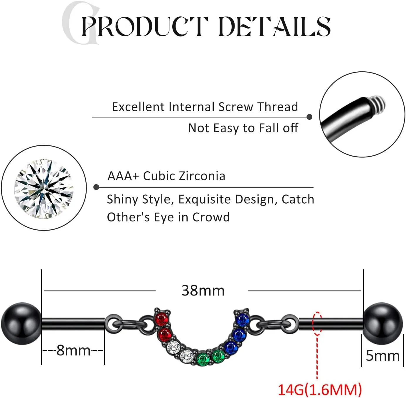 1/2/3/5/10PCS 1.6MM Industrial Barbells Halloween Surgical Steel CZ Ear Studs Ear Rings Kit Lip Nail Cartilage Helix Lobe Lip Nose Rings Tragus Body Piercing Jewelry for Women Men