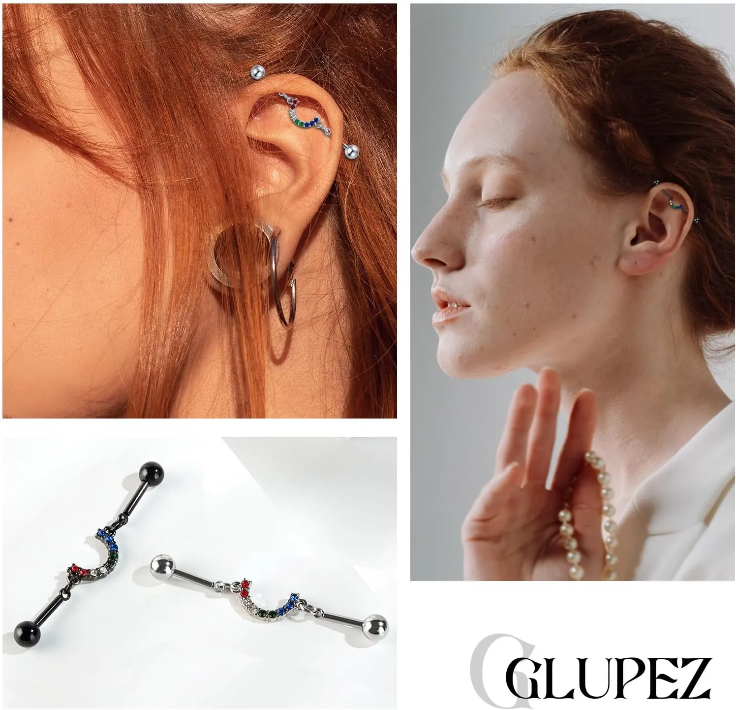 1/2/3/5/10PCS 1.6MM Industrial Barbells Halloween Surgical Steel CZ Ear Studs Ear Rings Kit Lip Nail Cartilage Helix Lobe Lip Nose Rings Tragus Body Piercing Jewelry for Women Men
