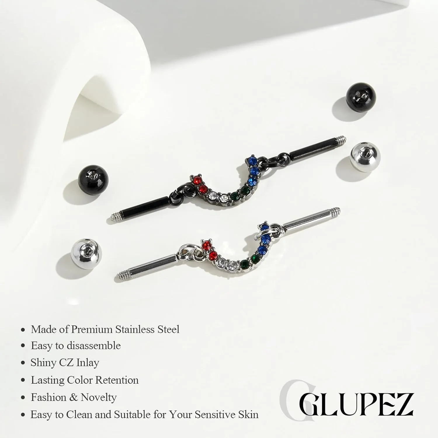 1/2/3/5/10PCS 1.6MM Industrial Barbells Halloween Surgical Steel CZ Ear Studs Ear Rings Kit Lip Nail Cartilage Helix Lobe Lip Nose Rings Tragus Body Piercing Jewelry for Women Men