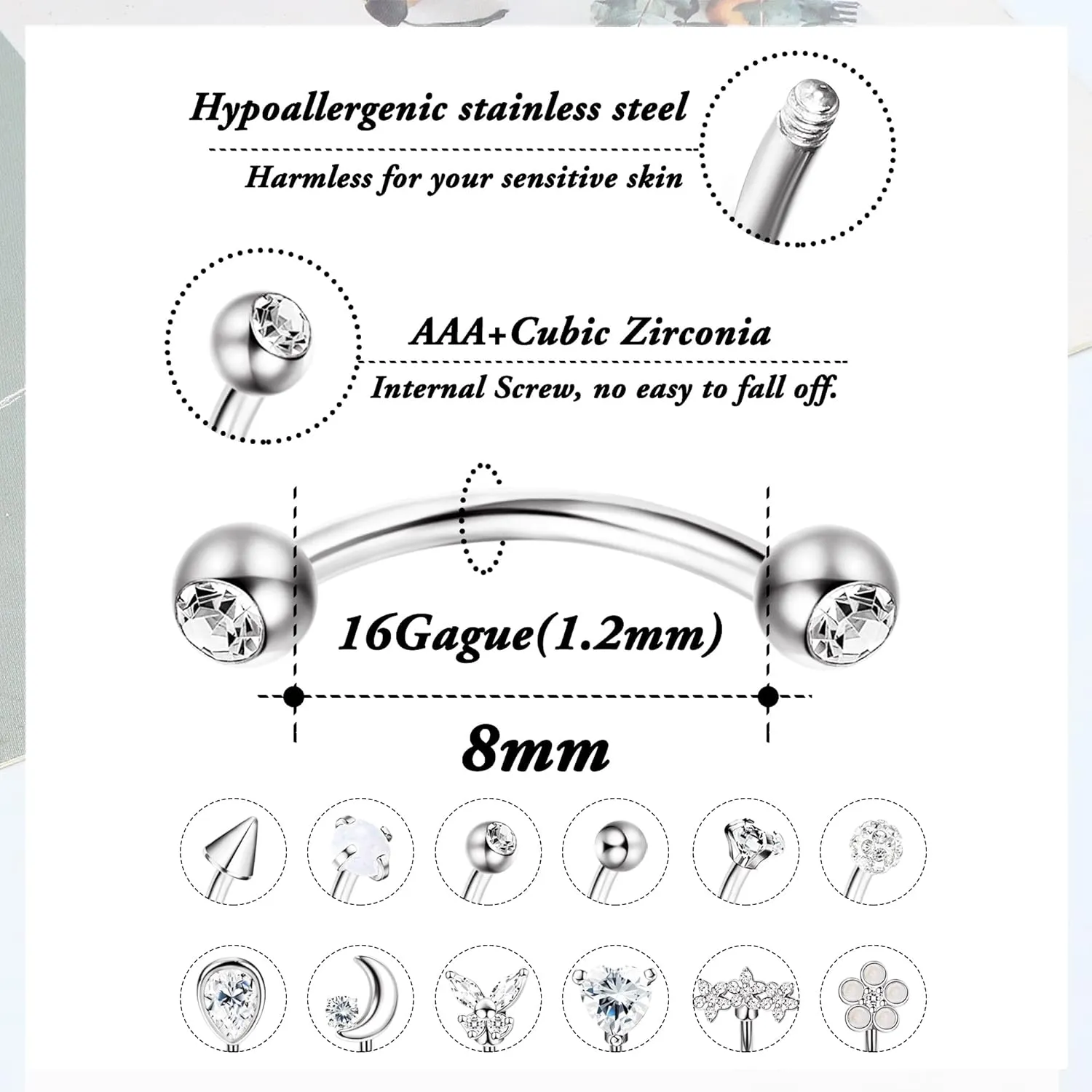 12Pcs 16G Hypoallergenic Stainless Steel Curved Barbell Eyebrow Rings For Women Men Rook Daith Cartilage Earrings Labret Lip Monroe Rings CZ Petite Belly Button Ring 8mm