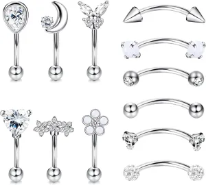 12Pcs 16G Hypoallergenic Stainless Steel Curved Barbell Eyebrow Rings For Women Men Rook Daith Cartilage Earrings Labret Lip Monroe Rings CZ Petite Belly Button Ring 8mm