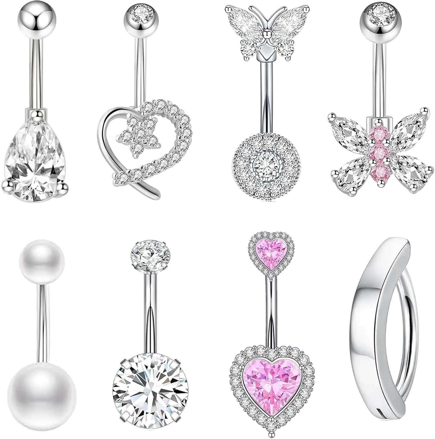 14G Belly Button Ring Surgical Stainless Steel Navel Piercing Jewelry Hypoallergenic Cute Butterfly Clicker Clip Hoop Pink Heart Belly Button Piercings Pack for Women Dainty Navel Ring