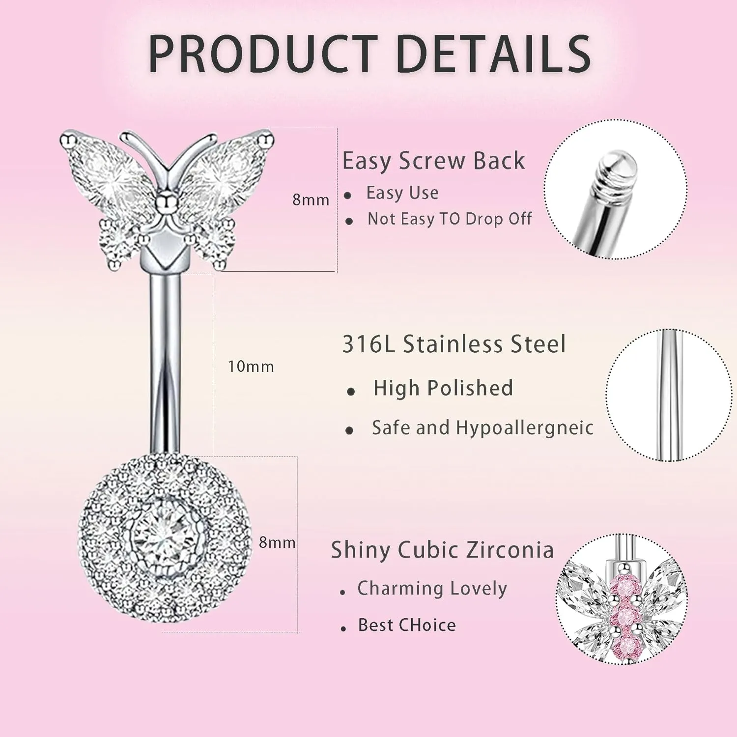 14G Belly Button Ring Surgical Stainless Steel Navel Piercing Jewelry Hypoallergenic Cute Butterfly Clicker Clip Hoop Pink Heart Belly Button Piercings Pack for Women Dainty Navel Ring