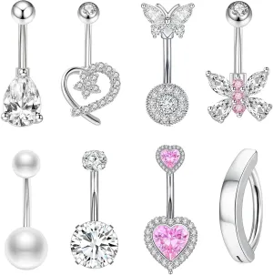 14G Belly Button Ring Surgical Stainless Steel Navel Piercing Jewelry Hypoallergenic Cute Butterfly Clicker Clip Hoop Pink Heart Belly Button Piercings Pack for Women Dainty Navel Ring