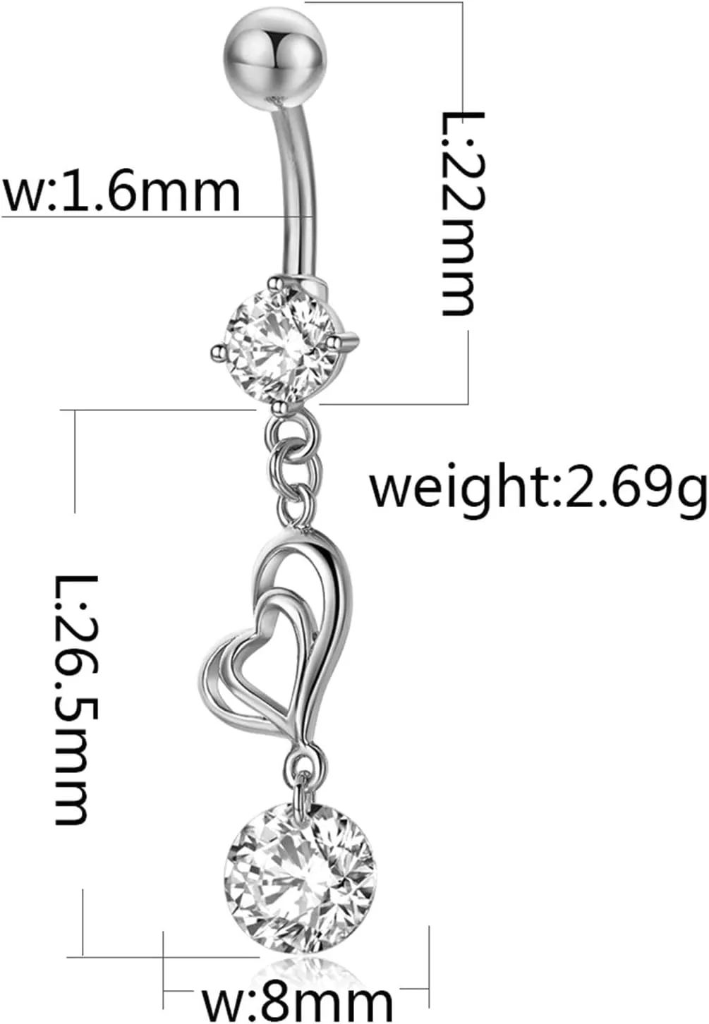 14G Belly Button Rings Cute, Body Piercing Rings for Women Double Heart with Cubic Zirconia