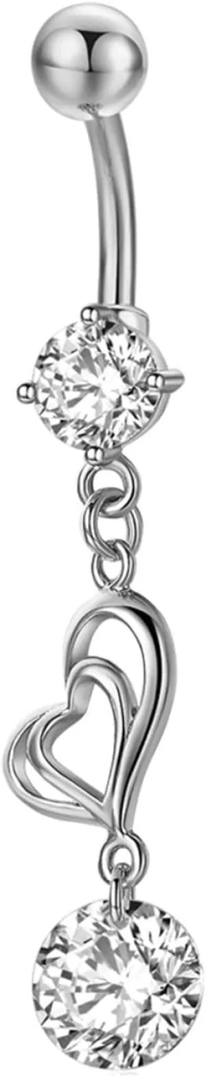 14G Belly Button Rings Cute, Body Piercing Rings for Women Double Heart with Cubic Zirconia