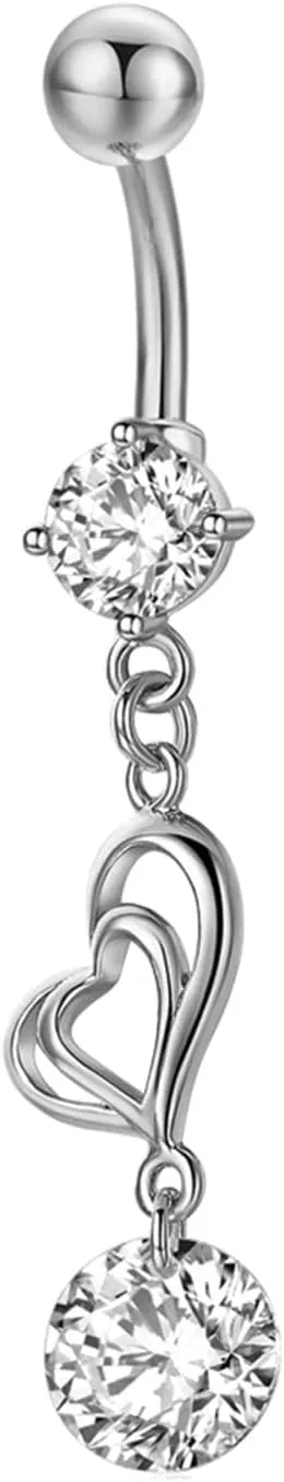 14G Belly Button Rings Cute, Body Piercing Rings for Women Double Heart with Cubic Zirconia