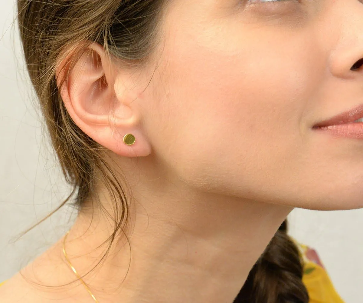 14K Gold Plated Dainty Tiny Bar, Ball, Trio Ball, Delta, Circle Disc and Heart Stud Earrings