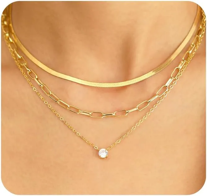 14K Gold Plated Layered Necklace Set for Women Mother's Day Gifts Rhinestone Necklace for Mom Daughter Sister Aunt Birthday Gifts Dainty Simple Gold Paperclip Chain Necklace Plated Herringbone Chain