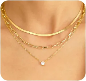 14K Gold Plated Layered Necklace Set for Women Mother's Day Gifts Rhinestone Necklace for Mom Daughter Sister Aunt Birthday Gifts Dainty Simple Gold Paperclip Chain Necklace Plated Herringbone Chain