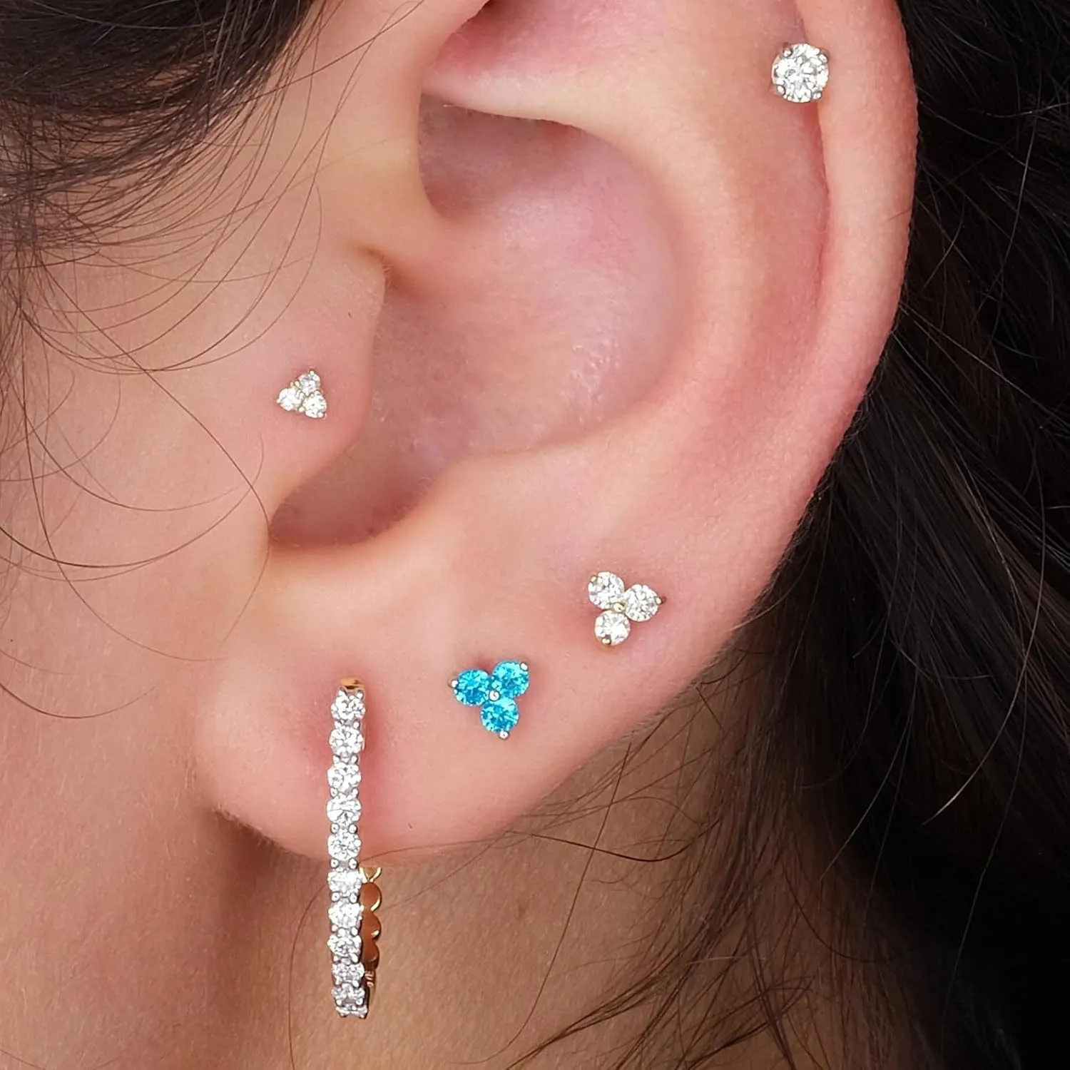14K Solid Gold Gemstone Trio Flat Back Earrings for Women Threaded Conch Tragus Helix Piercing Jewelry Flower Cartilage Earring Hypoallergenic Screw Back Stud 3 Birthstone Minimalist SINGLE STUD/PAIR