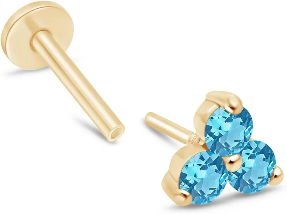 14K Solid Gold Gemstone Trio Flat Back Earrings for Women Threaded Conch Tragus Helix Piercing Jewelry Flower Cartilage Earring Hypoallergenic Screw Back Stud 3 Birthstone Minimalist SINGLE STUD/PAIR