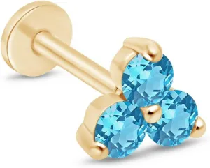 14K Solid Gold Gemstone Trio Flat Back Earrings for Women Threaded Conch Tragus Helix Piercing Jewelry Flower Cartilage Earring Hypoallergenic Screw Back Stud 3 Birthstone Minimalist SINGLE STUD/PAIR