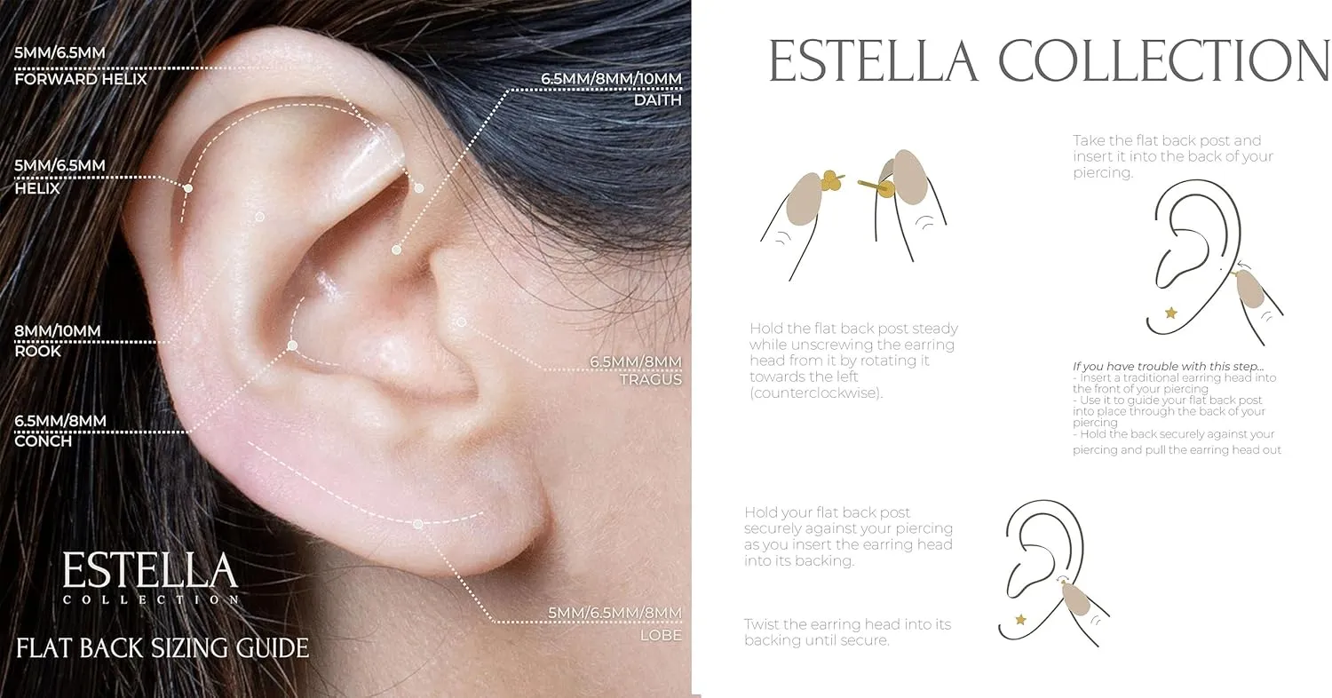 14K Solid Gold Gemstone Trio Flat Back Earrings for Women Threaded Conch Tragus Helix Piercing Jewelry Flower Cartilage Earring Hypoallergenic Screw Back Stud 3 Birthstone Minimalist SINGLE STUD/PAIR