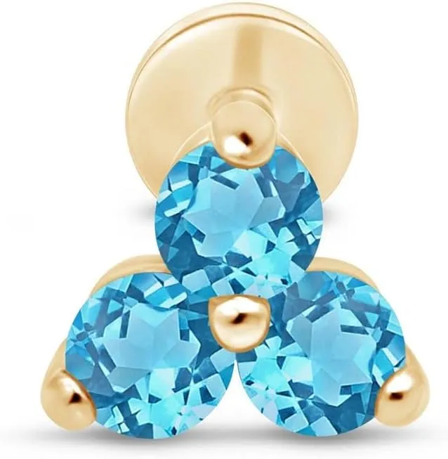 14K Solid Gold Gemstone Trio Flat Back Earrings for Women Threaded Conch Tragus Helix Piercing Jewelry Flower Cartilage Earring Hypoallergenic Screw Back Stud 3 Birthstone Minimalist SINGLE STUD/PAIR