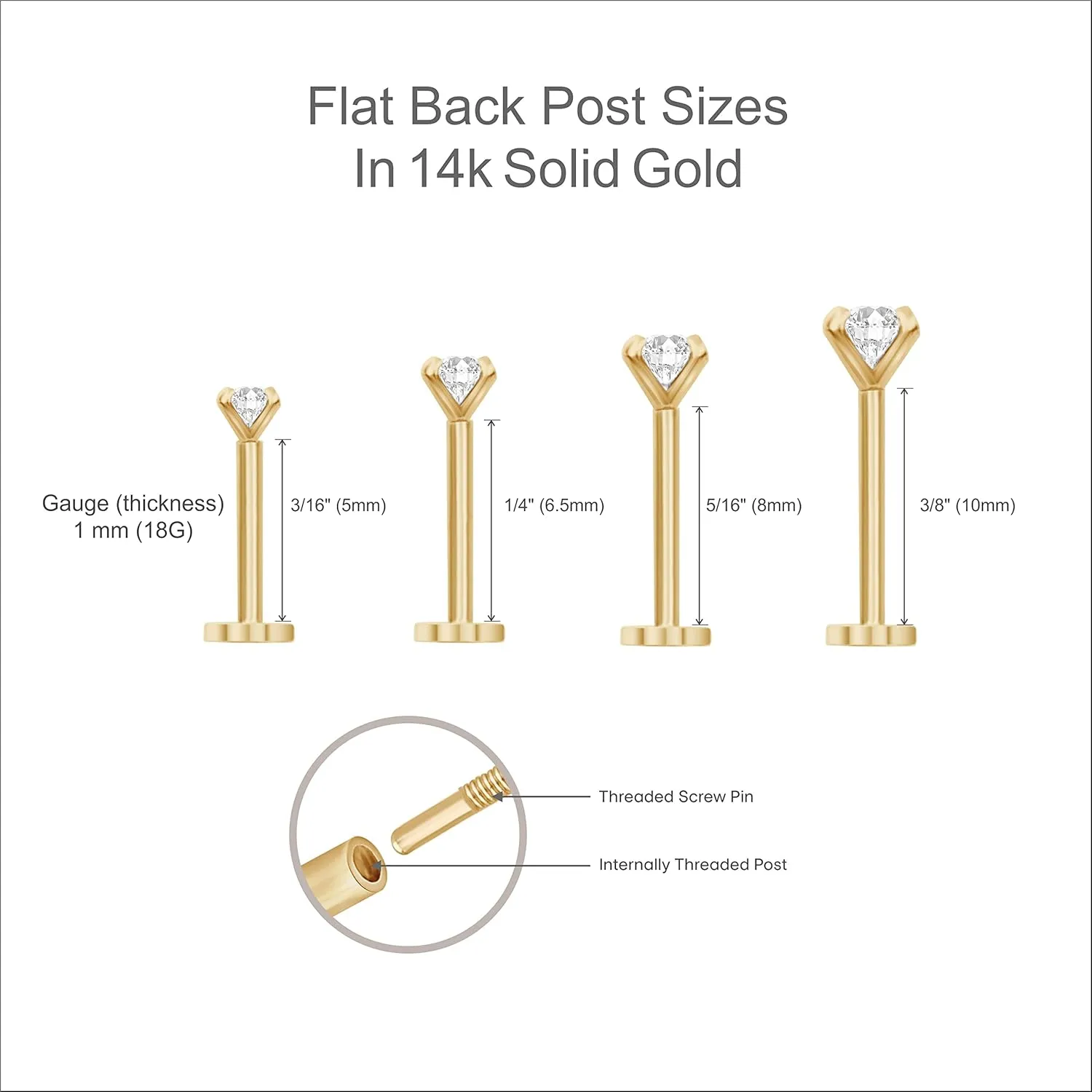 14K Solid Gold Gemstone Trio Flat Back Earrings for Women Threaded Conch Tragus Helix Piercing Jewelry Flower Cartilage Earring Hypoallergenic Screw Back Stud 3 Birthstone Minimalist SINGLE STUD/PAIR