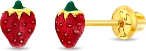 14k Yellow Gold Adorable Enamel Strawberry Screw Back Earrings for Young Girls - Dainty Kid Design Stud Earrings for Toddlers, Little Girls to Preteens - Lovely Tiny Screw Backs