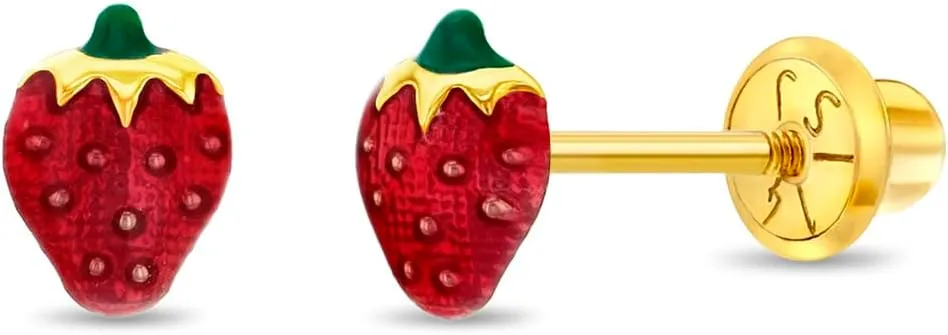 14k Yellow Gold Adorable Enamel Strawberry Screw Back Earrings for Young Girls - Dainty Kid Design Stud Earrings for Toddlers, Little Girls to Preteens - Lovely Tiny Screw Backs