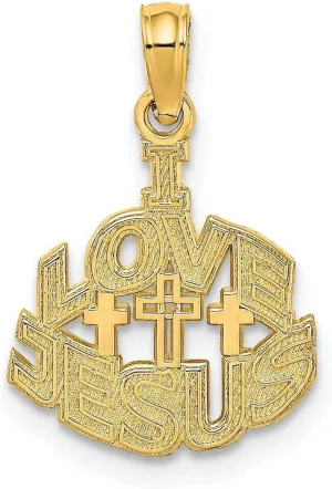 14K Yellow Gold Texture Polish I LOVE JESUS Script with Cross Pendant