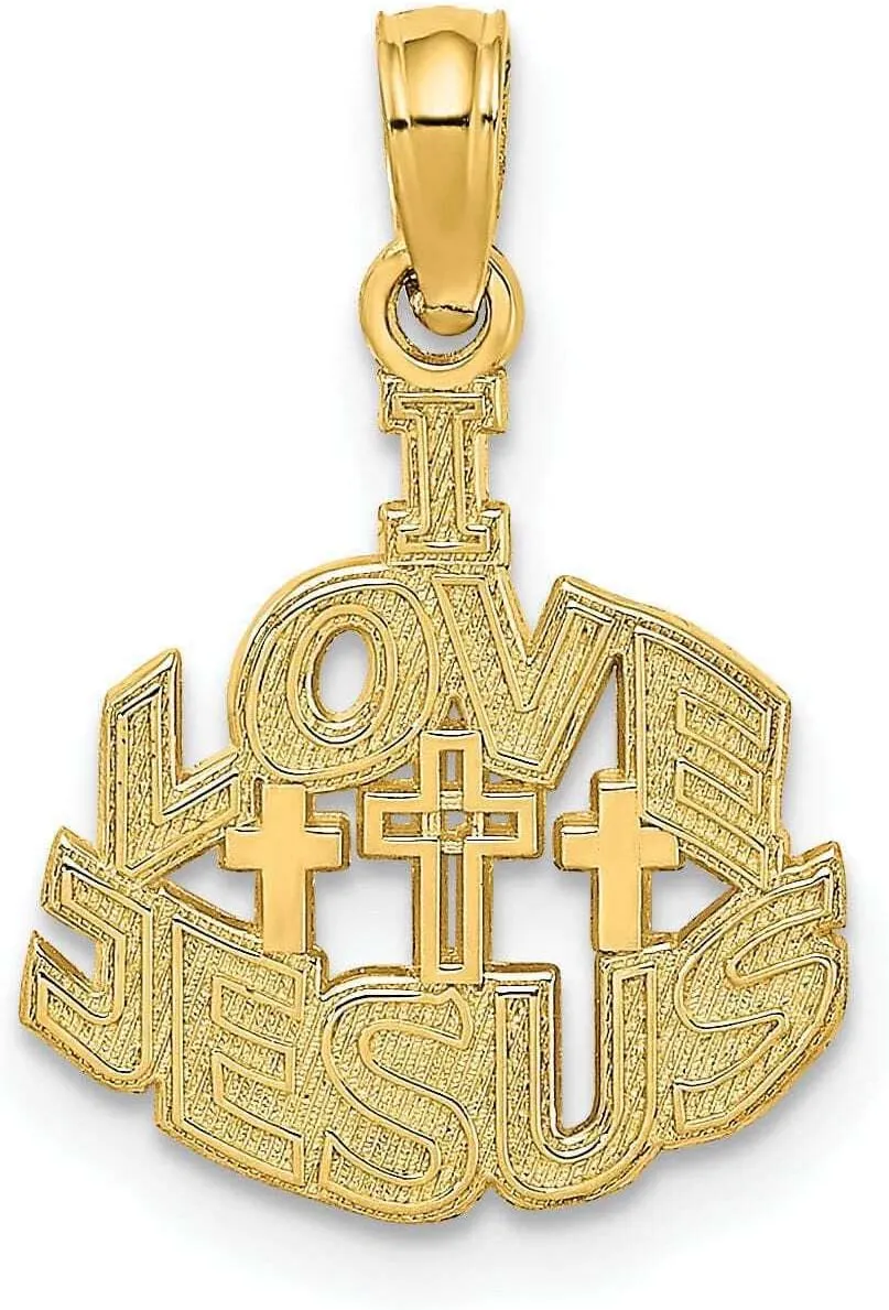 14K Yellow Gold Texture Polish I LOVE JESUS Script with Cross Pendant