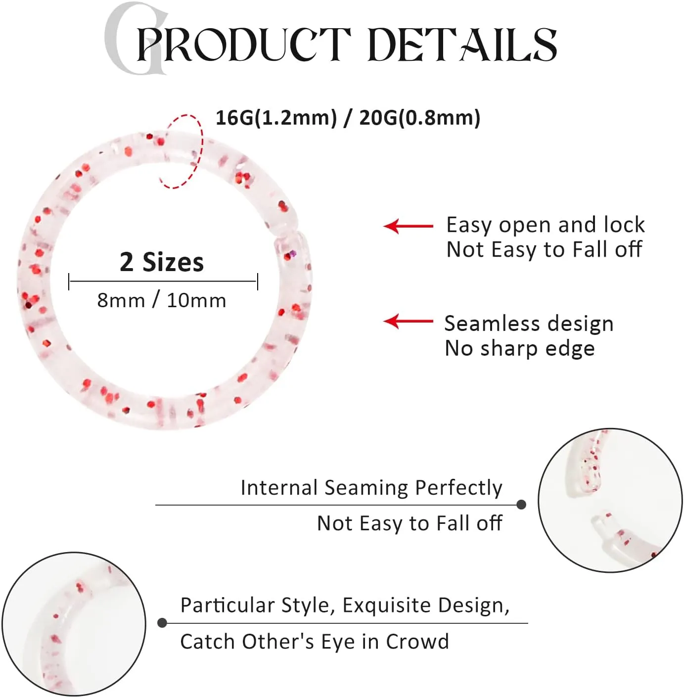 16G 20G Nose Septum Rings Acrylic Nose Nostril Hinged Hoop Ring Flexible Nose Rings Retainer Earring Clicker Helix Cartilage Piercing Jewelry for Women Men 8MM 10MM