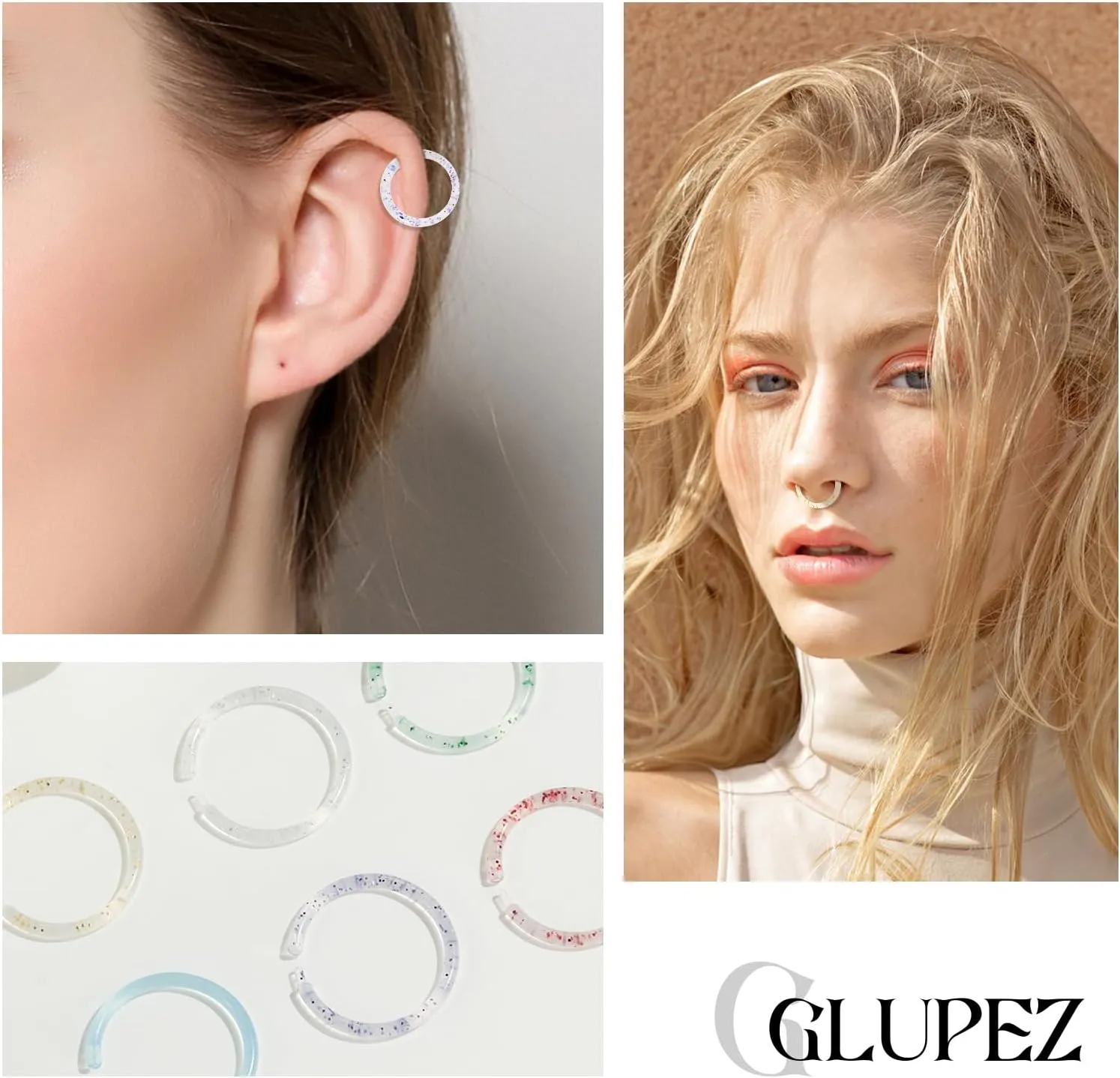 16G 20G Nose Septum Rings Acrylic Nose Nostril Hinged Hoop Ring Flexible Nose Rings Retainer Earring Clicker Helix Cartilage Piercing Jewelry for Women Men 8MM 10MM