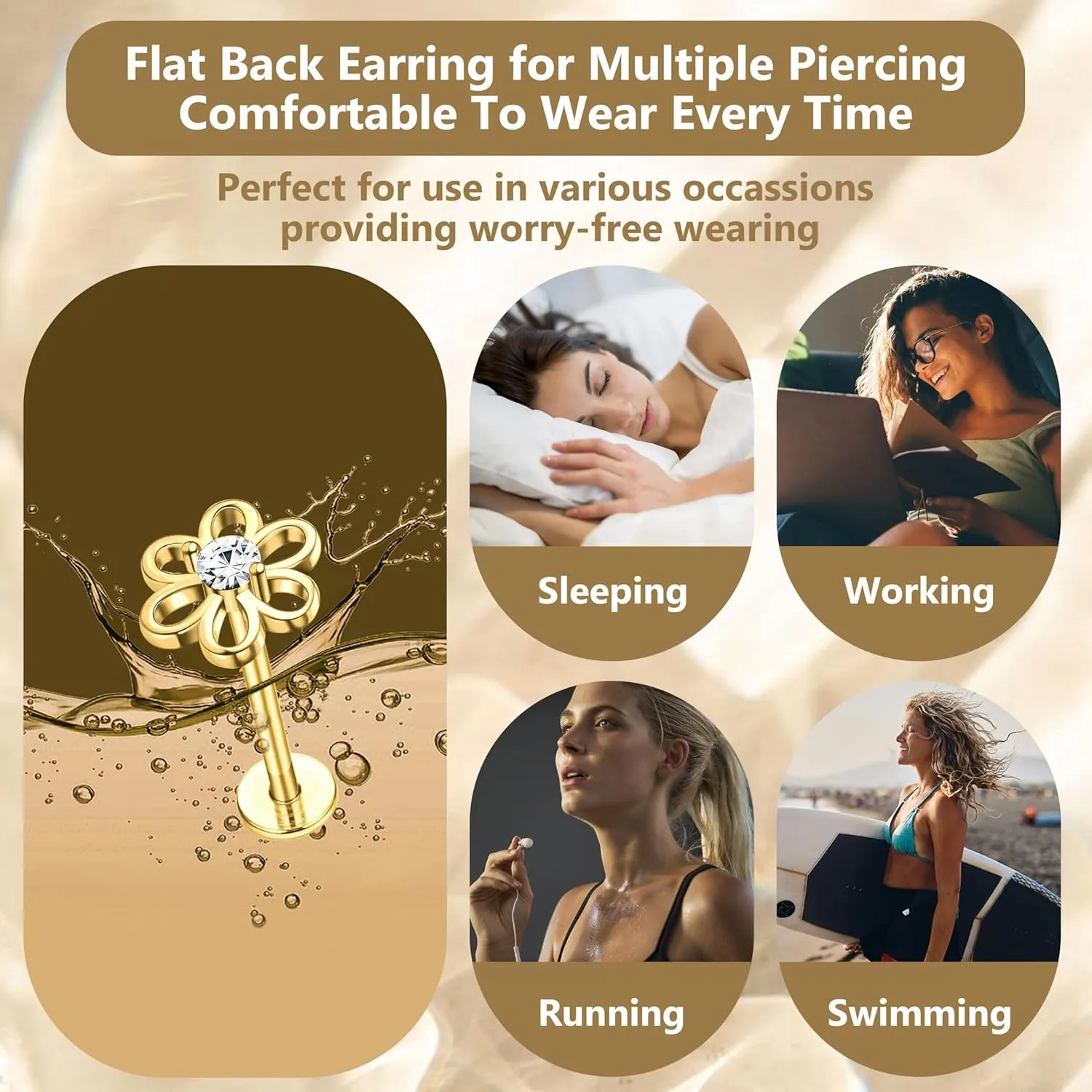 16G Flat Back Earrings for Women Stainless Steel Internally Threaded Cartilage Stud Earrings Butterfly CZ Flatback Stud Earring Tragus Helix Body Piercing Jewelry