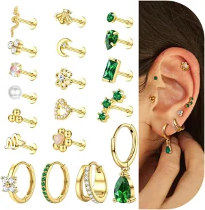 16G Flat Back Earrings for Women Stainless Steel Internally Threaded Cartilage Stud Earrings Butterfly CZ Flatback Stud Earring Tragus Helix Body Piercing Jewelry