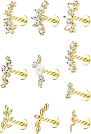 16G Flat Back Earrings for Women Stainless Steel Internally Threaded Cartilage Stud Earrings Butterfly CZ Flatback Stud Earring Tragus Helix Body Piercing Jewelry