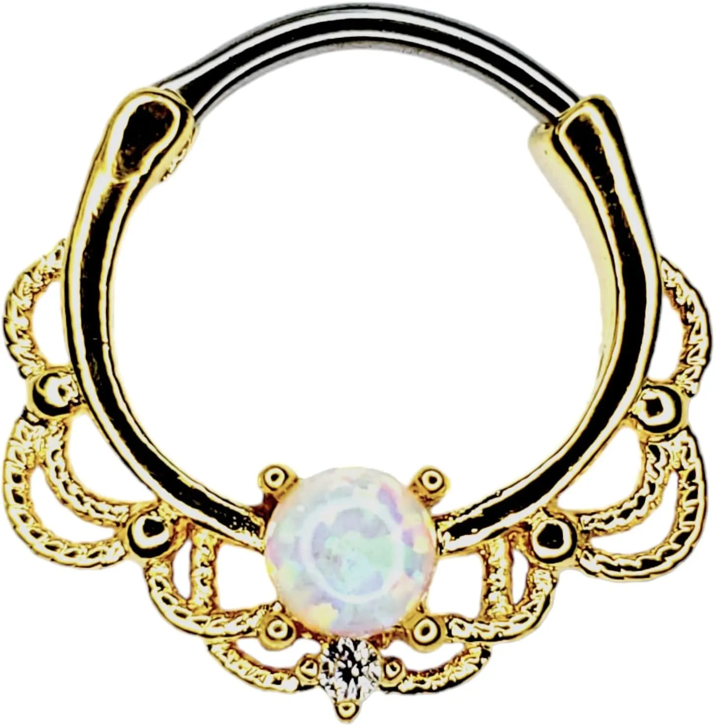 16G SEPTUM CLICKER SYNTHETIC White OPAL Nose Ring Piercing Hanger Hoop gold color 9121