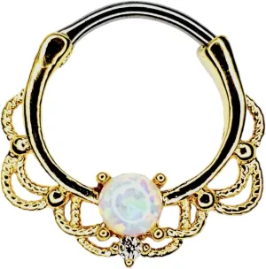 16G SEPTUM CLICKER SYNTHETIC White OPAL Nose Ring Piercing Hanger Hoop gold color 9121