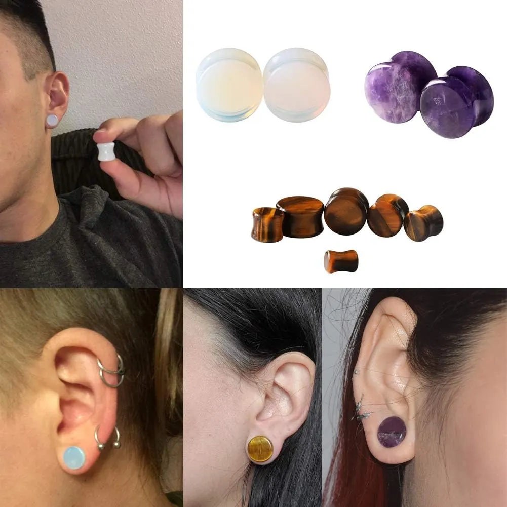 16Pcs Silicone and Stone Ear Plugs Tunnels Kit Ear Gauges Double Flare Solid Amethyst Ear Stretchers Set Multiple Stone with Silicone O-Ring Body Piercing Jewelry for Women Men 2G-5/8