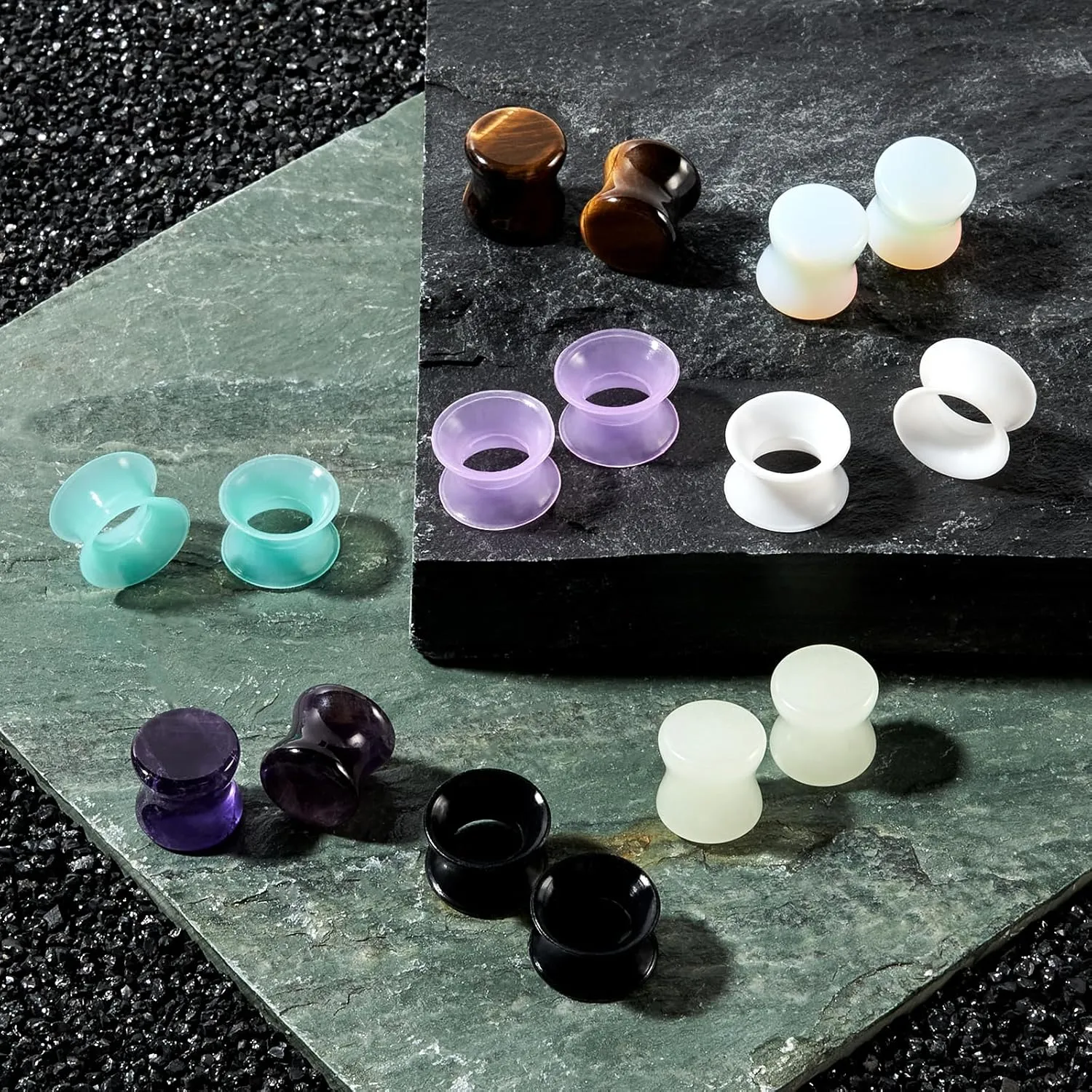16Pcs Silicone and Stone Ear Plugs Tunnels Kit Ear Gauges Double Flare Solid Amethyst Ear Stretchers Set Multiple Stone with Silicone O-Ring Body Piercing Jewelry for Women Men 2G-5/8