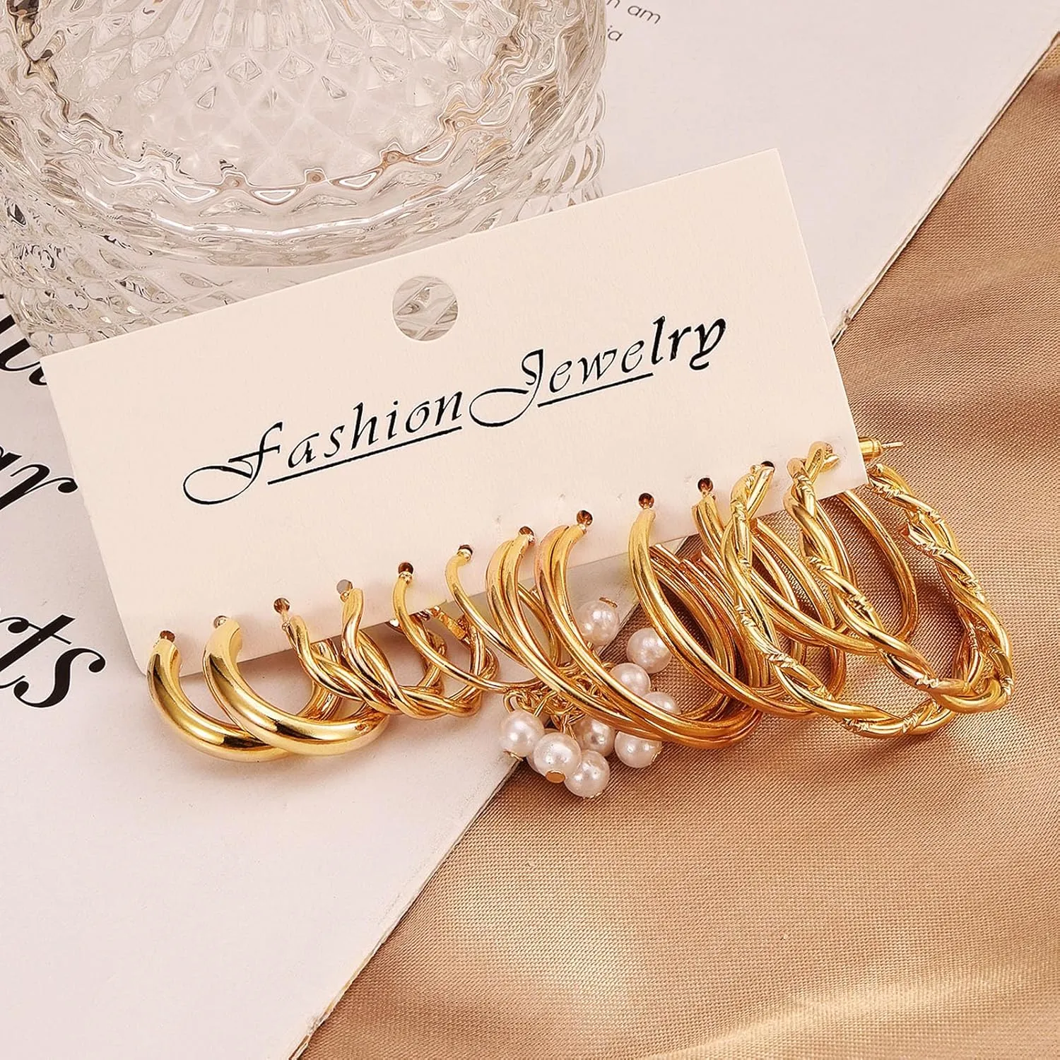 17IF 12 Pairs Gold Hoop Earring Set for Women Chunky Smooth Surface Trendy Small to Big Stud Earring Lightweight Twisted Pearl Ear Pack
