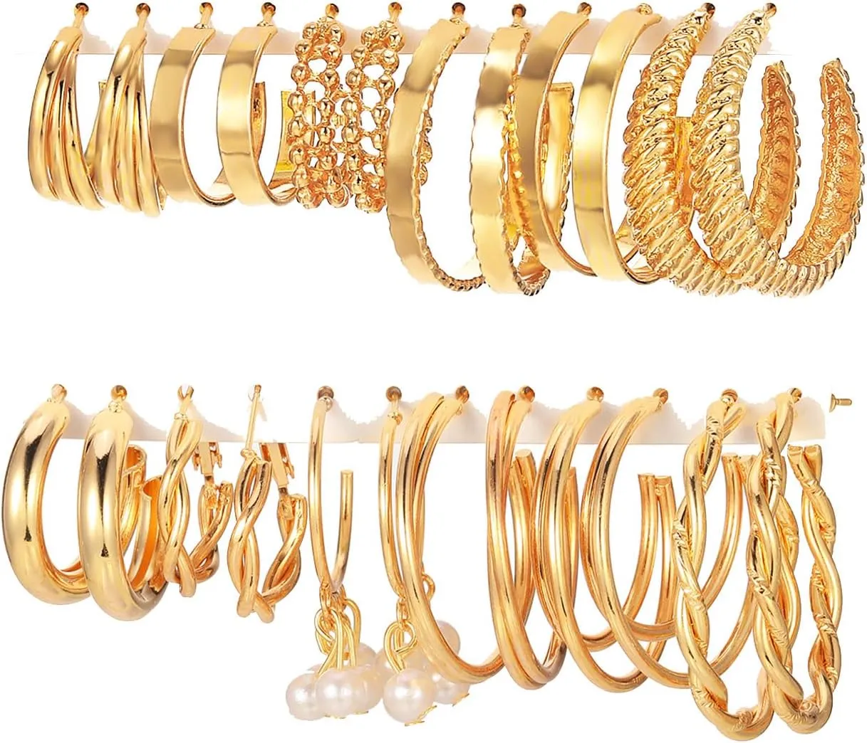17IF 12 Pairs Gold Hoop Earring Set for Women Chunky Smooth Surface Trendy Small to Big Stud Earring Lightweight Twisted Pearl Ear Pack