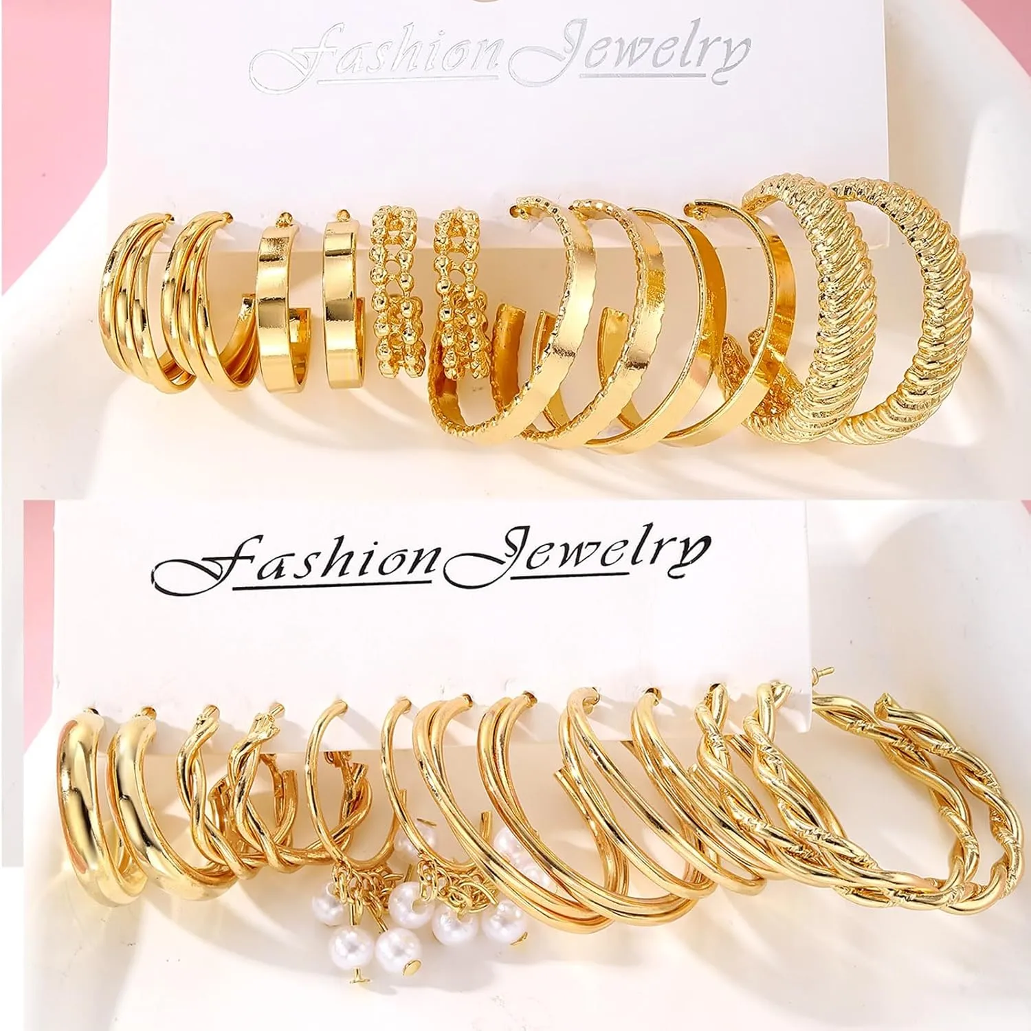 17IF 12 Pairs Gold Hoop Earring Set for Women Chunky Smooth Surface Trendy Small to Big Stud Earring Lightweight Twisted Pearl Ear Pack