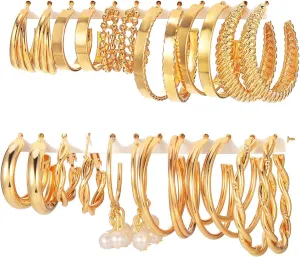 17IF 12 Pairs Gold Hoop Earring Set for Women Chunky Smooth Surface Trendy Small to Big Stud Earring Lightweight Twisted Pearl Ear Pack