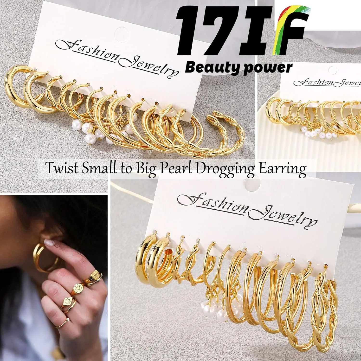 17IF 12 Pairs Gold Hoop Earring Set for Women Chunky Smooth Surface Trendy Small to Big Stud Earring Lightweight Twisted Pearl Ear Pack