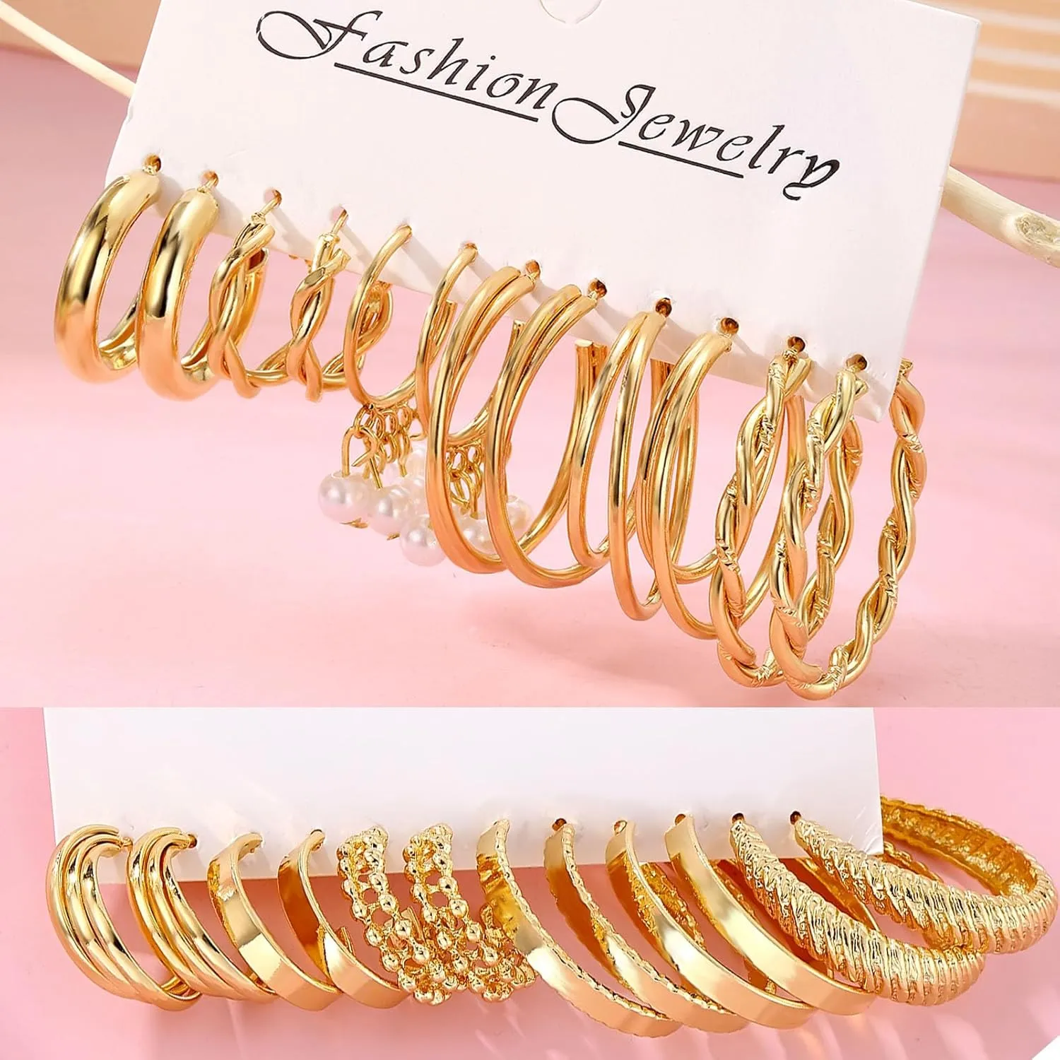 17IF 12 Pairs Gold Hoop Earring Set for Women Chunky Smooth Surface Trendy Small to Big Stud Earring Lightweight Twisted Pearl Ear Pack