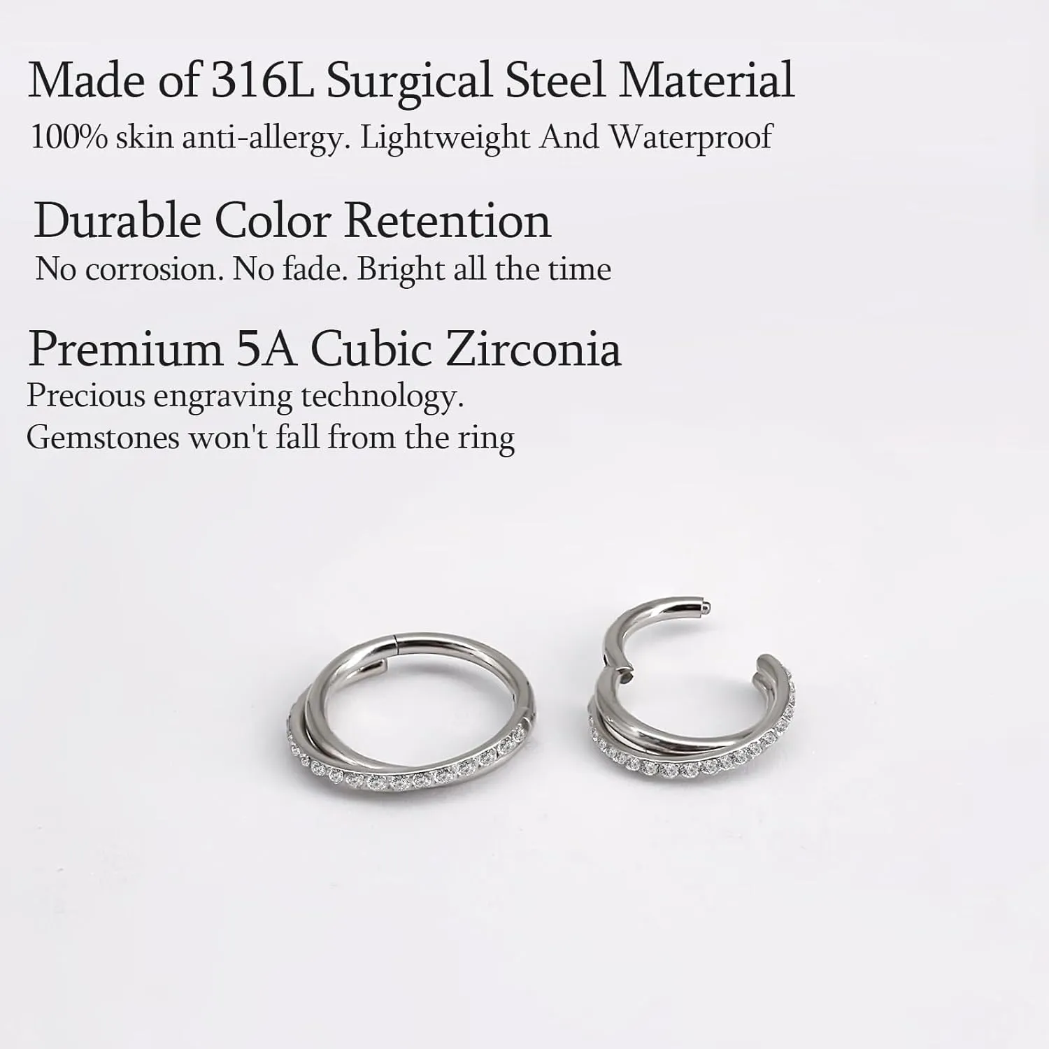 18G 16G Titanium Cartilage Earrings Crystal Nose Hoop for Women Diameter 6mm 8mm 10mm 12mm CZ Helix Conch Daith Rook Tragus Lobe Snug Lip Nostril Rings Body Piercing Jewelry-Silver-Gold-Black