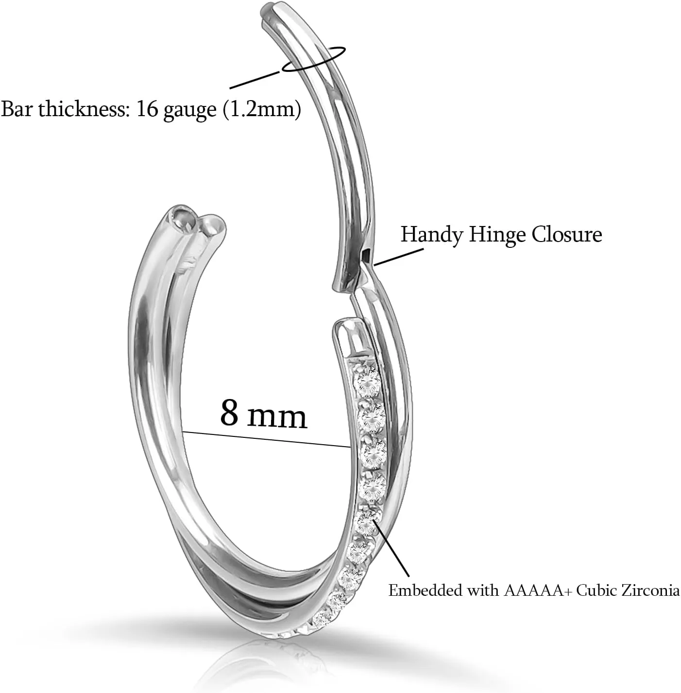 18G 16G Titanium Cartilage Earrings Crystal Nose Hoop for Women Diameter 6mm 8mm 10mm 12mm CZ Helix Conch Daith Rook Tragus Lobe Snug Lip Nostril Rings Body Piercing Jewelry-Silver-Gold-Black